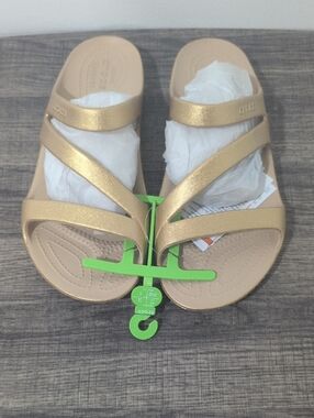 CROCS Women's Metallic Gold Multi-Strap Slide Sandals